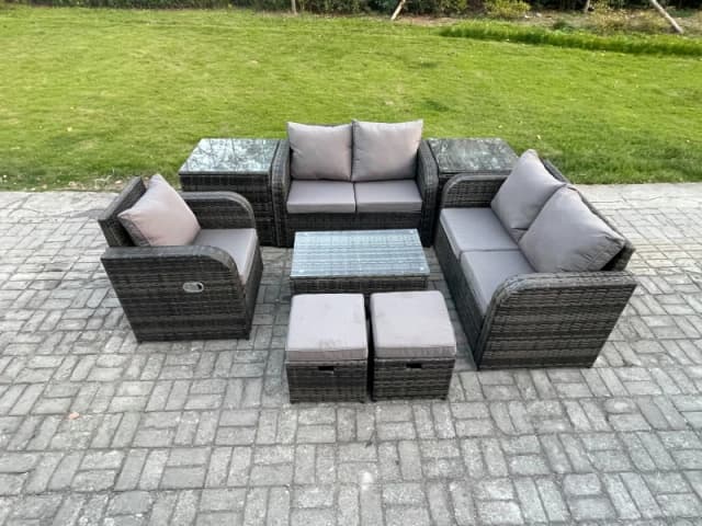 Fimous 7 Seater High Back Rattan Garden Furniture Set with Loveseat Sofa Coffee Table 2 Small Footstools 2 Side Tables Indoor Outdoor Lounge Sofa Set