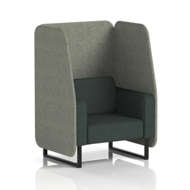 Brixworth 1 Seater Open Office Booth with Black Legs in Rivet Fabric - Vitreous Panels and Charcoal Sofa