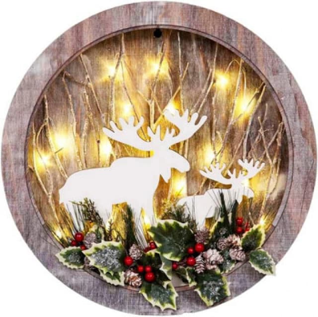 Shatchi B/O LED Wooden Reindeer Scene - Wreath Shape - D30xW4.5 Brown