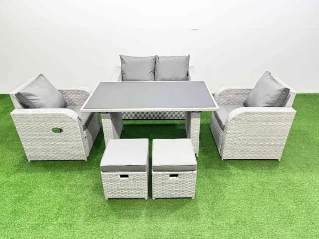 Fimous Outdoor Rattan Garden Furniture Dining Set 6-seater with 2 Small Stool in Light Grey Light Grey Unisex