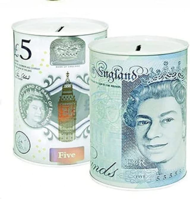 KAV Sterling Money Tin Box Piggy Bank Cylindrical Shape and Multicolour 15x15cm (Set of 2 £5) Multi unisex