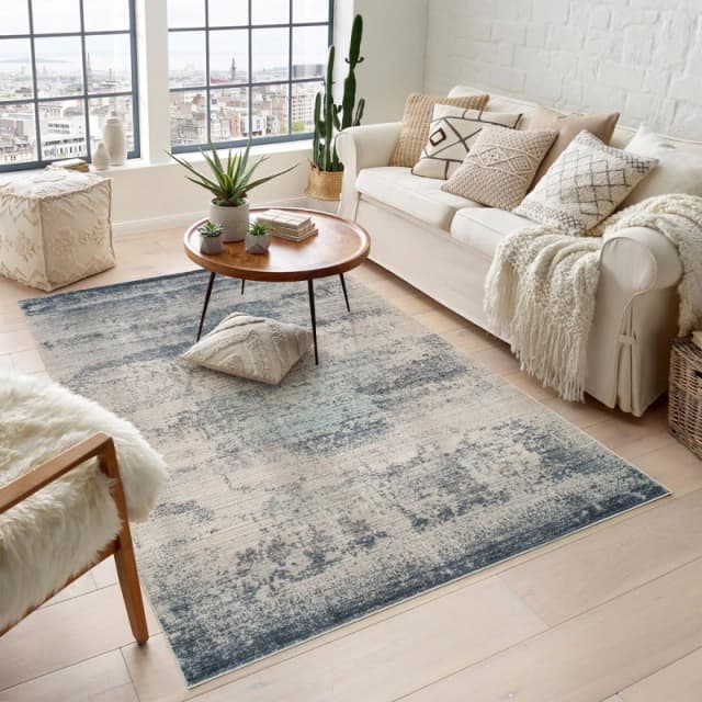 Maia Washable Low Pile Non Slip Mist Abstract Area Rug - Navy, 120 X 180 Cm (Rectangular)