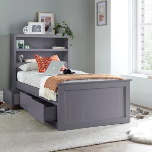 Bedmaster Enzo Wooden 3 Drawer Bookcase Bed & Orthopaedic Mattress in Grey Size: Single Grey Unisex Single
