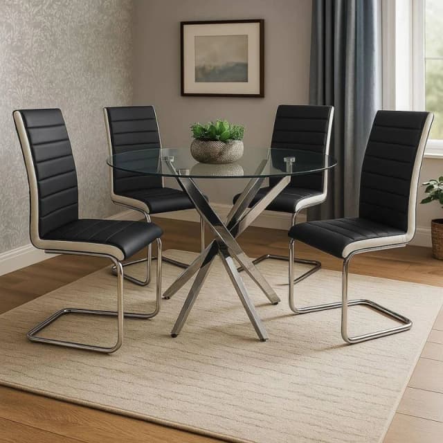 Kosy Koala Round Glass Dining Table With 4 Leather White Black Chairs Dining Room, Multi MAYARND+4ZBW