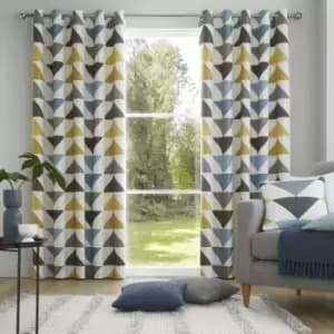 Brodrick Geometric Print 100% Cotton Eyelet Lined Curtains, Blue/Ochre, 46 x 54" - Fusion