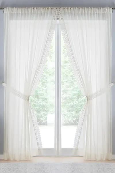 Tyrone Textiles Windsor Crushed Voile Panel with Marame Trim and Tie Back - Pair Cream