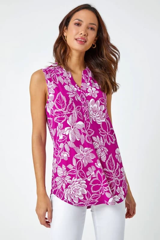 Roman Womens Textured Floral Print Sleeveless Top in Magenta Size: 14 Magenta Female 14