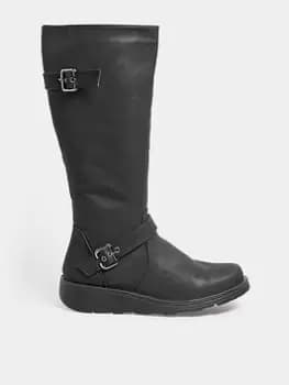 Yours Wide Fit Black Knee Wedge Boot, Black, Size 6E, Women
