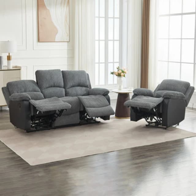 Electric Reclining Sofa Set, Corduroy Fabric Recliner Sectional Sofa Suite - 1+3 Sofa Set