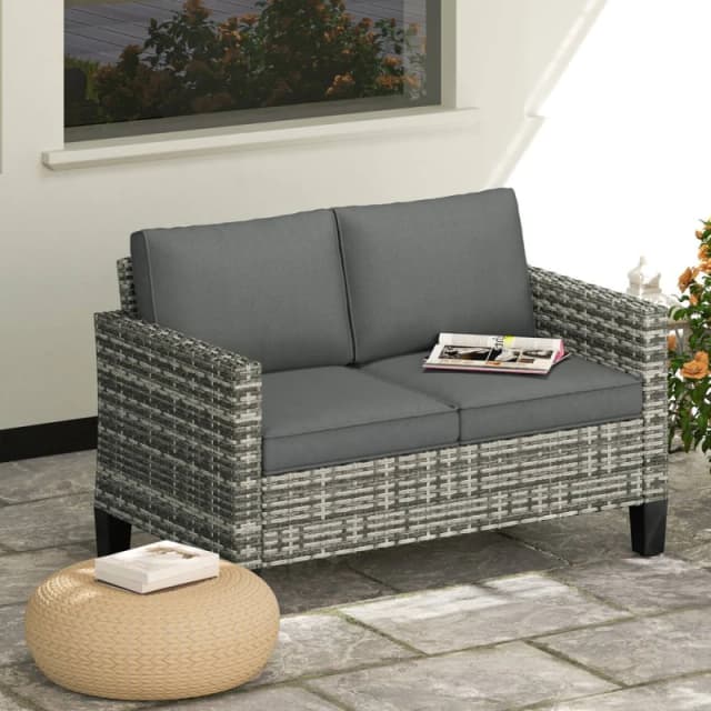 Outsunny Rattan Sofa with Cushions, 2 Seater Garden Furniture, Light Grey Light Grey