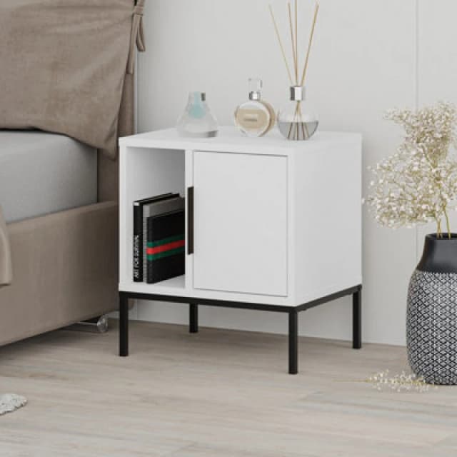 Decortie Modern Glynn Bedside Table White W/black Metal Straight Leg 45(W)Cm Nightstand 1-Door Storage Space Metal Handle Bedroom