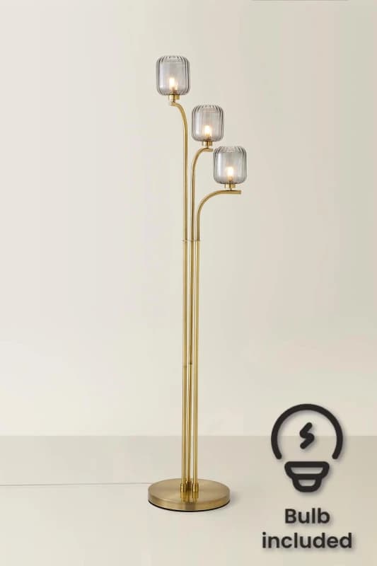 ValueLights Amelie Gold Stem 3 Way Ribbed Glass Lamp Floor Light with LED Bulbs Gold