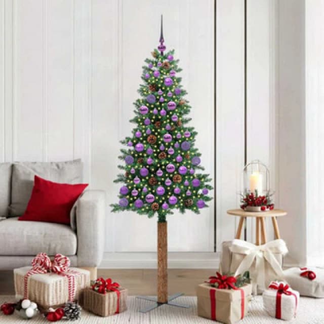 vidaXL Slim Christmas Tree with Lilac Balls Green 180cm PVC and Solid Pine wood, Green 3394870