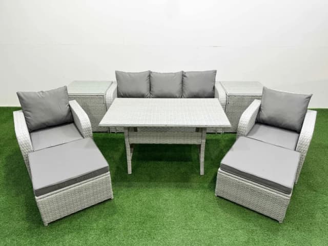 Fimous PE Rattan Garden Furniture Set Reclining Chair Sofa Lounge Sofa Set Rectangular Dining Table 2 Side Table 2 Big Footstool Light Grey Light Grey