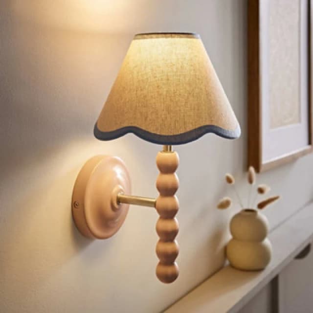 Valuelights Bobbin Pink Wall Light With Blue Trim Scallop Shade And Bulb