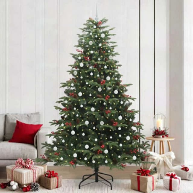 vidaXL Artificial Christmas Tree with LED Strip Lights, White Balls Green 240 cm, Green 3395571