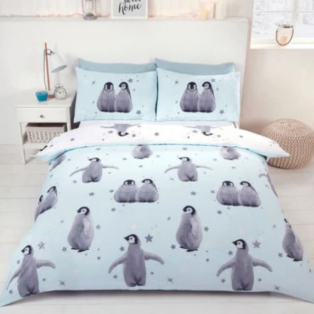 Rapport Reversible Penguin Duvet Cover Set in Light Blue Size: Double Light Blue Unisex Double