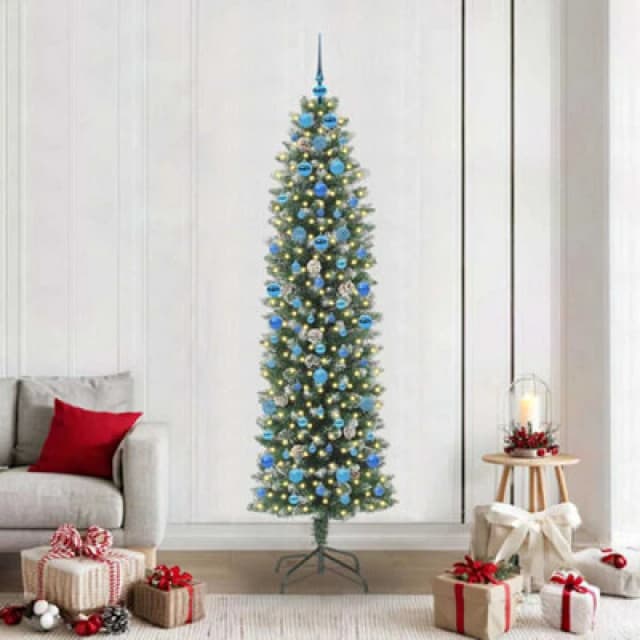 vidaXL Artificial Slim Christmas Tree with Blue Balls Green and white 210 cm, Green 3395312