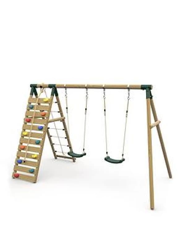 Plum Uakari Wooden Swing Set - Double Swing & Climbing Wall - Green, Brown 5008A0101