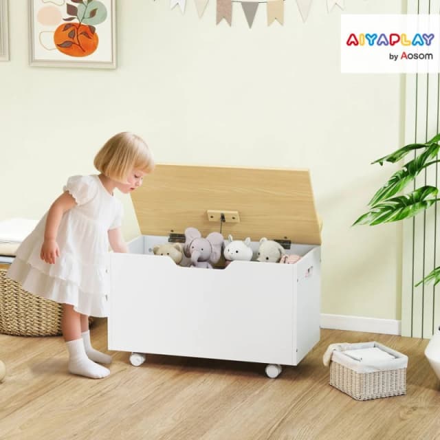 AIYAPLAY Toy Box for Kids, Toy Chest with Wheels & Safety Hinges, White White Unisex