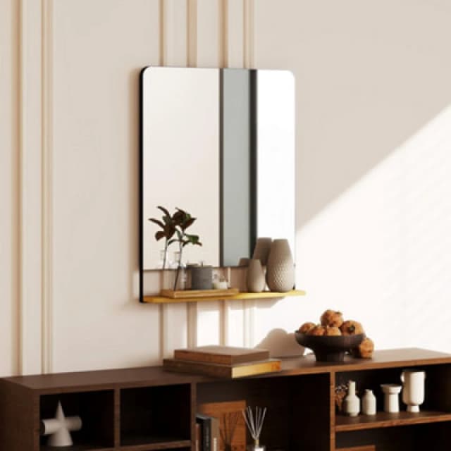 HOMCOM Decorative Mirror with Wood Shelf, Industrial Wall Mirror, Black 83C-183V01BK