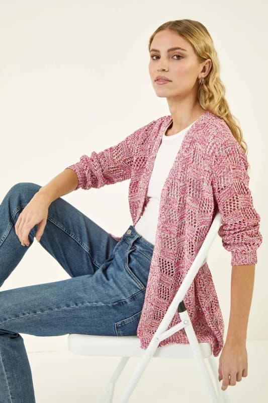 Roman Womens Tape Knit Cotton Blend Cardigan in Pink Size: 20 Pink Female 20