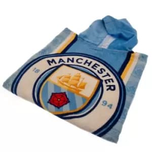 Manchester City FC Childrens/Kids Crest Hooded Towel (One Size) (Sky Blue/White/Gold)