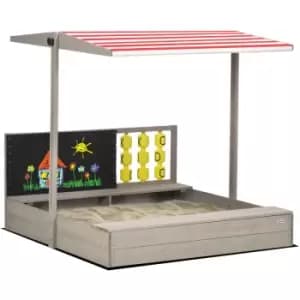 Outsunny Kids Wooden Sandpit, Sandbox w/ Canopy, Seats, for Gardens - Grey - Grey