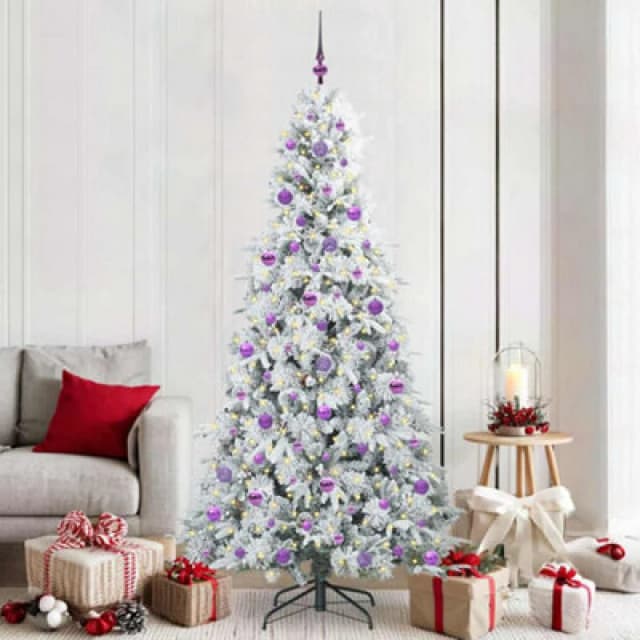 vidaXL Artificial Hinged Christmas Tree with Lilac Balls Snow Flocked Green 210cm PE and PVC, Green 3397503