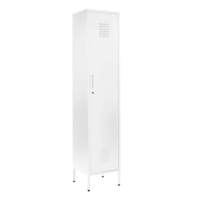Moderna White Metal Tall Locker Cabinet, 3 Shelves, 1 Door for Home or Office White Unisex