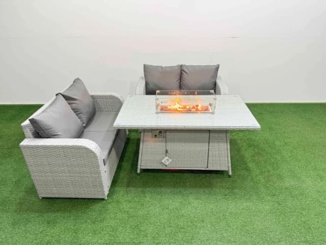 Fimous 4 Seater Outdoor Love Sofa Set Rattan Garden Furniture Set with Firepit Dining Table Light Grey Light Grey