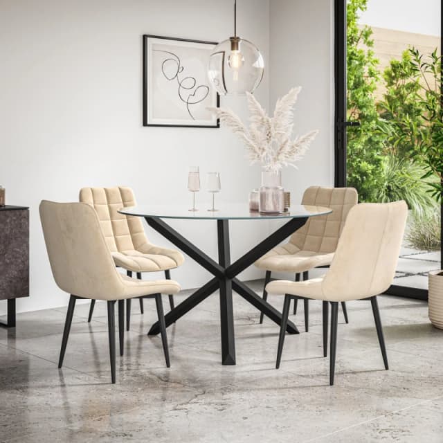 More4Homes Malvern Round Dining Table And Chairs - Clear Glass Table Top W Solid Black Oak Legs + Nova Velvet Dining Chair Set Of 4 (Beige)