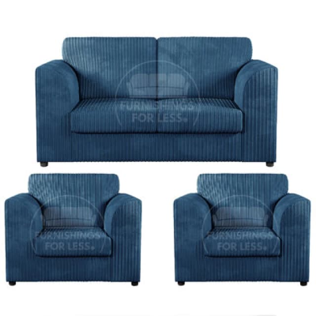Furnishings For Less UK Luxor Jumbo Cord 2 + 1 + 1 Fabric 3 Piece Sofa Suite - Fullback Marine Blue