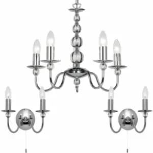 5 Bulb Ceiling Pendant Lamp & 2x Matching Twin Wall Light Chrome & Clear Glass