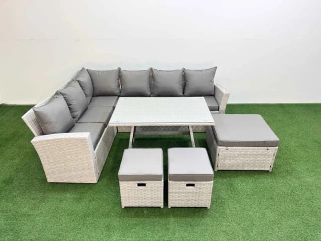 Fimous Garden Outdoor Rattan Furniture Set with 3 Footstools 9 Seater in Light Grey Light Grey Unisex