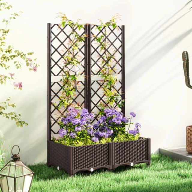 Outsunny Outsunny - Plastic Planter Box with Trellis, Vegetable Planter w/ Drain Plugs 5063603731257