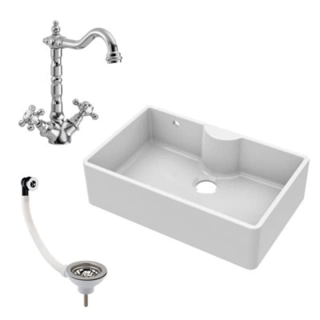 Balterley Fireclay 1 Bowl Butler Sink Overflow Tap Ledge Tap Waste 795mm White