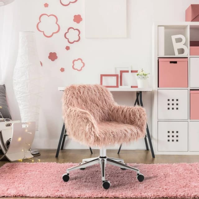VINSETTO Faux Fur Home Office Chair, Vanity Chair w/ Adjustable Height, Pink Pink Unisex