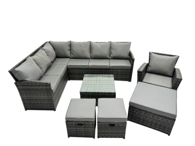 Fimous 10 Seat Outdoor Coffee Table Corner Sofa Set with 3 Stool Chair in Dark Grey Dark Grey Unisex