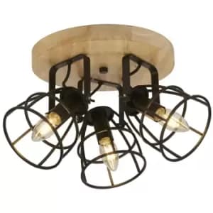 Searchlight Vision 3 Light Cage Round Ceiling Light, Matt Black & Wood