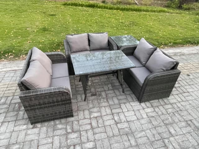 Fimous Rattan Garden Furniture Set 6 Seater Patio Outdoor Love Sofa Set with Rectangular Dining Table Side Table Dark Grey