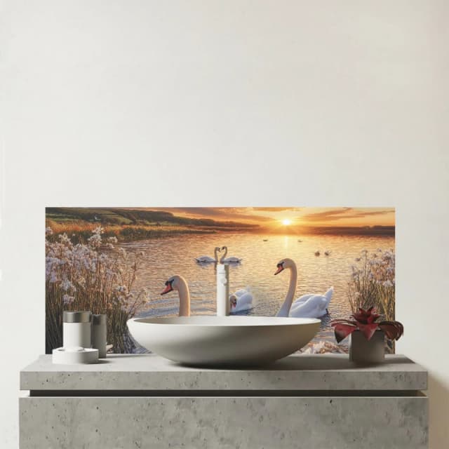 Warren Reed - Designer Swans At Sunset In A Beautiful Lake Glass Bathroom Splashback Multicolor Unisex