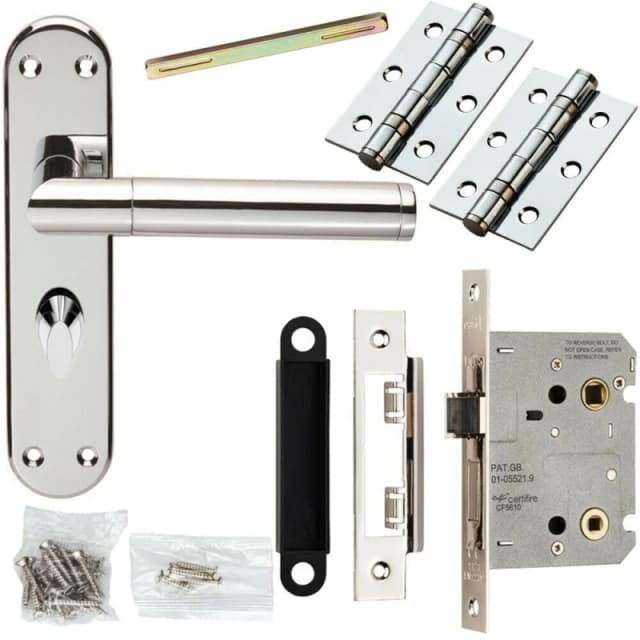 Loops Door Handle & Bathroom Lock Pack Chrome Straight Round Bar Thumb Turn Backplate Multi