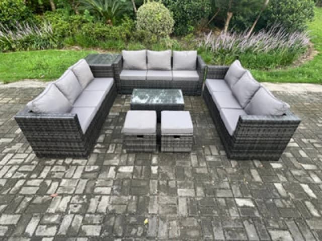 Fimous Outdoor Lounge Sofa Set Wicker PE Rattan Garden Furniture Set with Oblong Coffee Table Side Table 2 Small Footstools Dark Grey