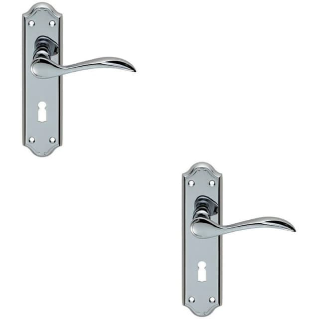 Loops 2x PAIR Curved Door Handle Lever on Lock Backplate 180 x 45mm Polished Chrome Multi