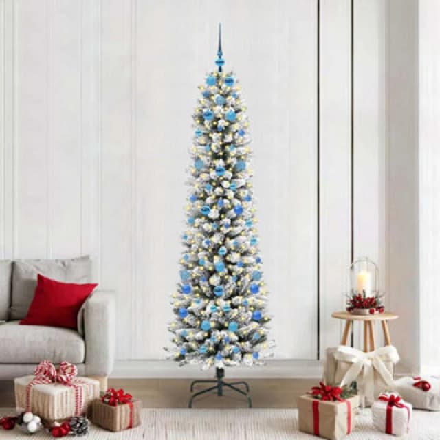 vidaXL Artificial Christmas Tree with 300 LEDs, Blue Balls Green and white 210 cm, Green 3396124