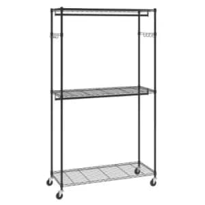 VEVOR Heavy Duty Clothes Rack, Rolling Clothing Garment Rack with 3 Storage Tiers, 2 Rods and 2 Pairs Side Hooks, Adjustable Height Clothing Rack Clos