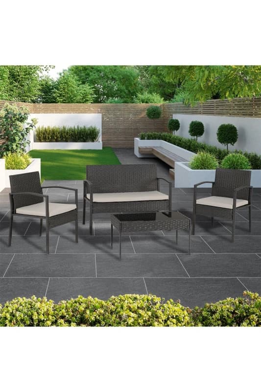 Seconique Cedar 4Pc Garden Set - Black Rattan/Grey Fabric/Black Glass, Black 700-701-004