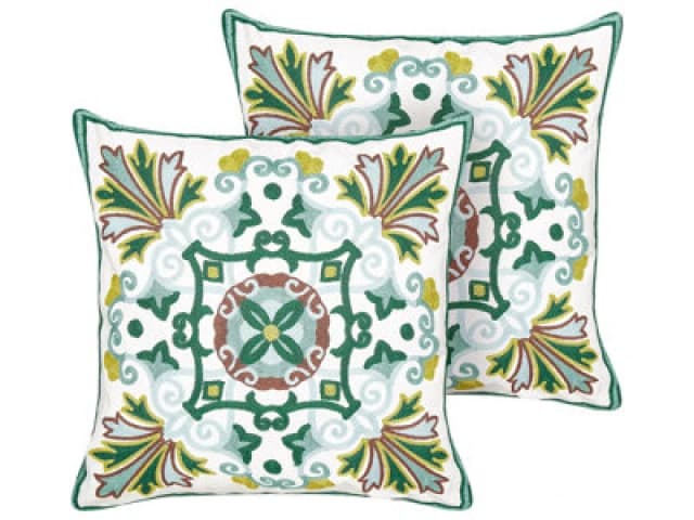 Beliani Set Of 2 Decorative Cushions Elanite Cotton 45 X 45cm Green Oriental Pattern