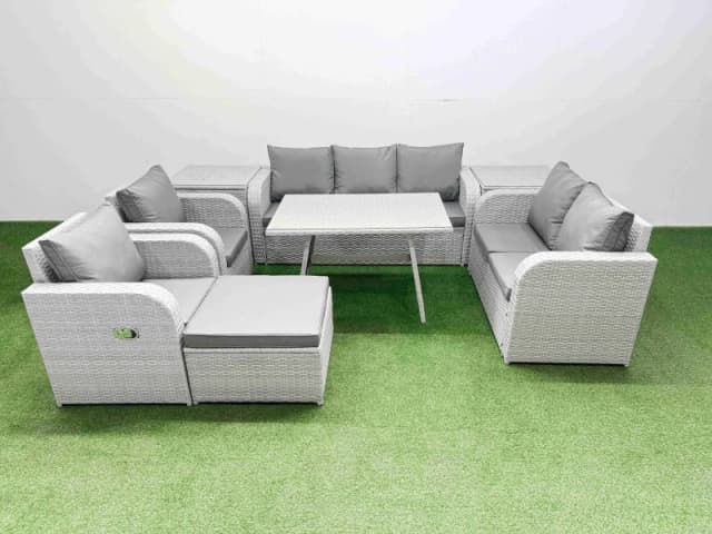 Fimous Rectangular Table Sofa Set with Reclining Chair Big Stool 2 Side Table in Light Grey Light Grey Unisex